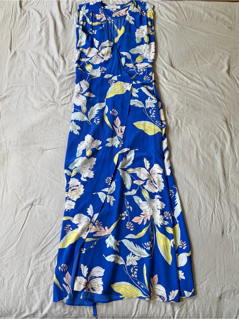 Yumi Kim Swept Away 100% Silk Wrap Maxi Dress in Garden Royal Blue Size Small
